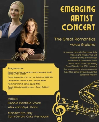 Join us for an evening of voice and piano celebrating
Romantic music from Schumann to Puccini. 

Monday 5th May, 7pm
Gerald Coke Pentagon
King Edward’s, Witley

Featuring Sophie Benfield (voice) and Alex van Wyk (piano)

Discover how this expressive genre evolved through Germany, Italy, France and Russia.

#EmergingArtists #ClassicalMusic #RomanticEra #bridewellschools 
#LiveMusic #KESW #bridewellschoolsevents